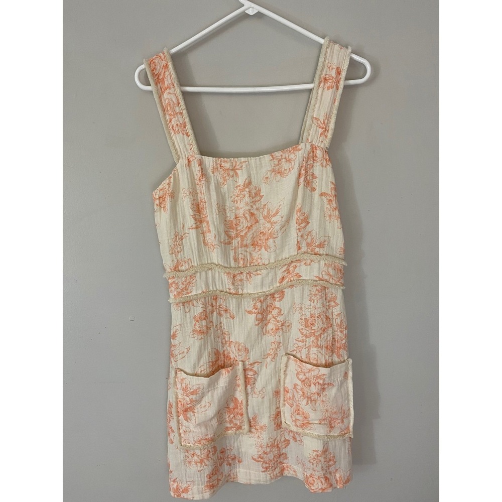 Olivaceous Floral Mini Dress Womens M Peach Cream Cotton Gauze Fringe Pockets